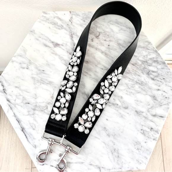 Black Leatherette Jeweled Crystal Embellished Wide Bag Strap Guitar-Style